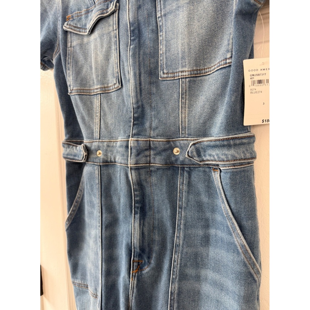 Good American Fit For Success Denim Jumpsuit Blue Short Sleeve Flare Size 3 NWT - Picture 10 of 11